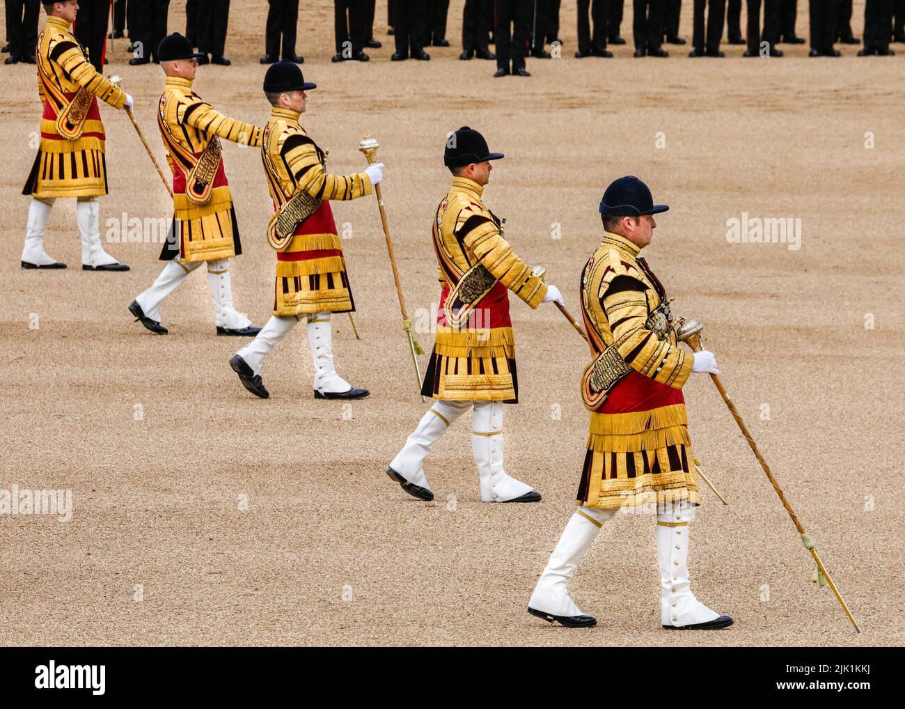 The five Drum Majors of the massed bands in ceremonial state dress, The Colonel's Review,  Trooping the Colour, London, England, UK Stock Photo