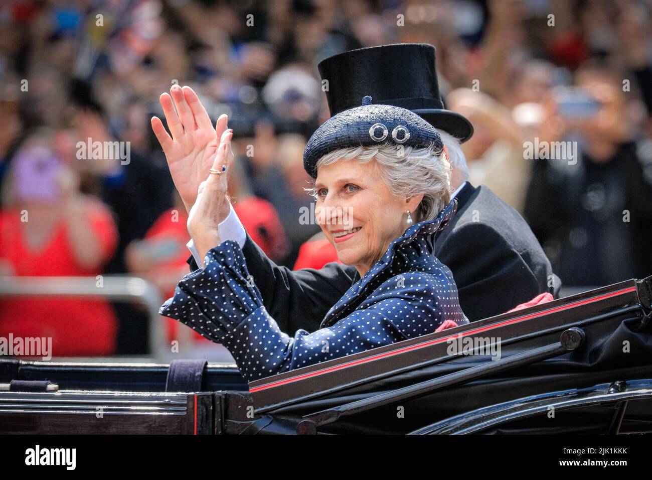 Brigitte, the Duchess of Gloucester, waves from the carriage, Platinum Jubilee Trooping the Colour Parade, London, UK Stock Photo