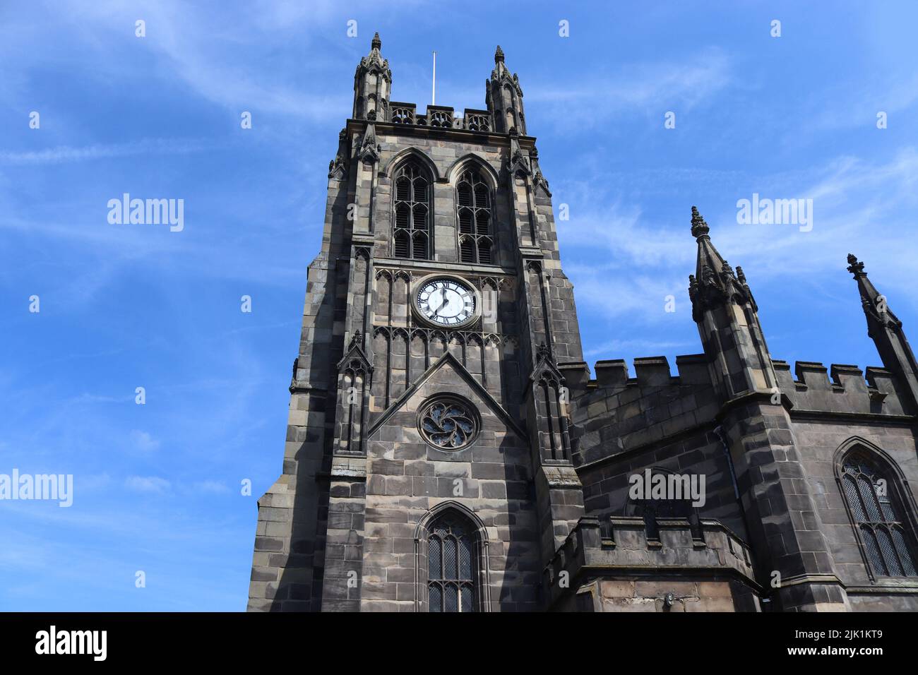 Exterior view of St.Mary's parish church in Stockport, Greater Manchester, England. Overlooking the market place this Grade 1 listed building is an ac Stock Photo