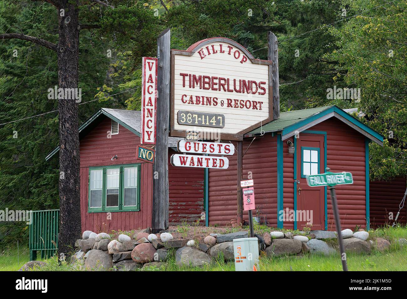 Resort, log cabins, and signs along the North Shore of Lake Superior near Grand Marais, Minnesota. Stock Photo