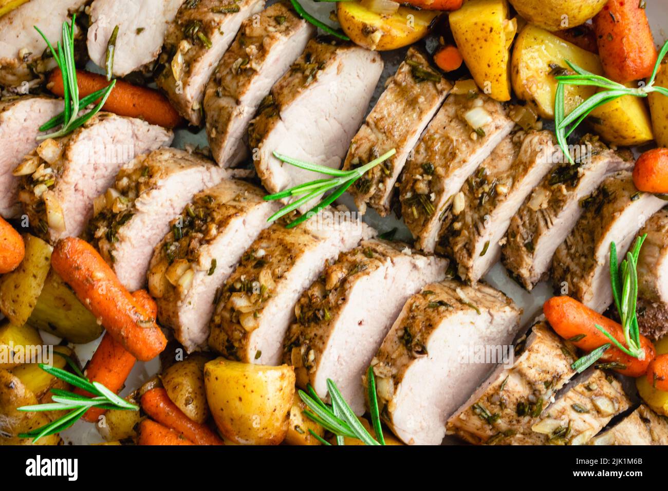 Closeup Overhead View of Roast Pork Tenderloin with Potatoes and Baby
