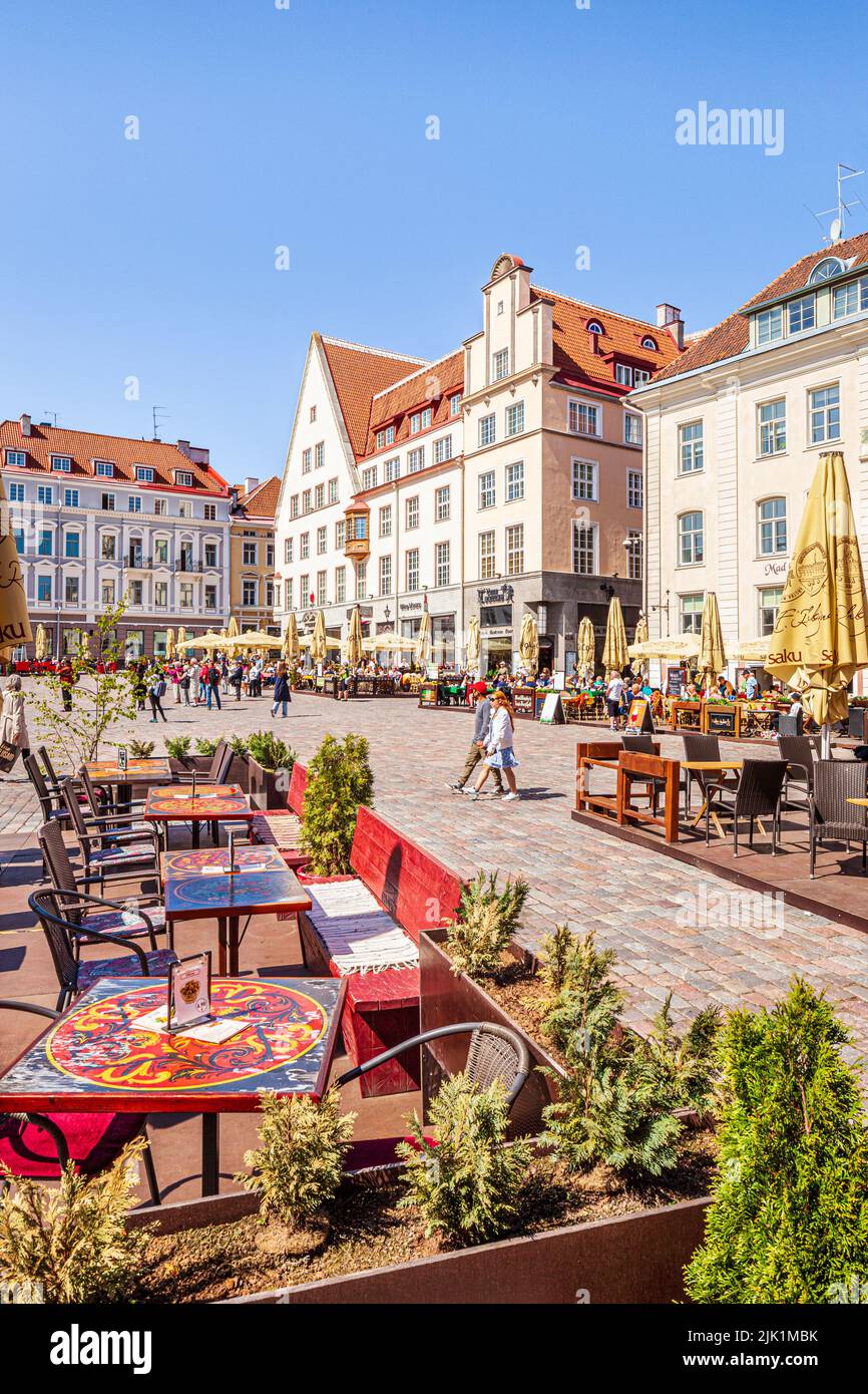 A cafe in the bustling Town Hall Square in the Old Town of Tallinn the capital city of Estonia Stock Photo