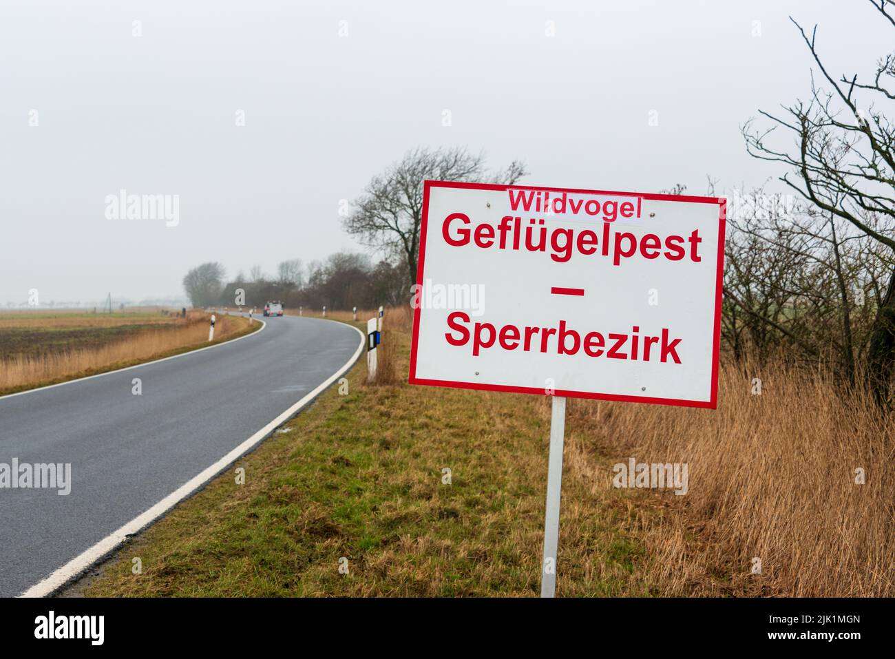 Warnschild Geflügelpest an einer Landstraße in Norddeutschland Stock Photo