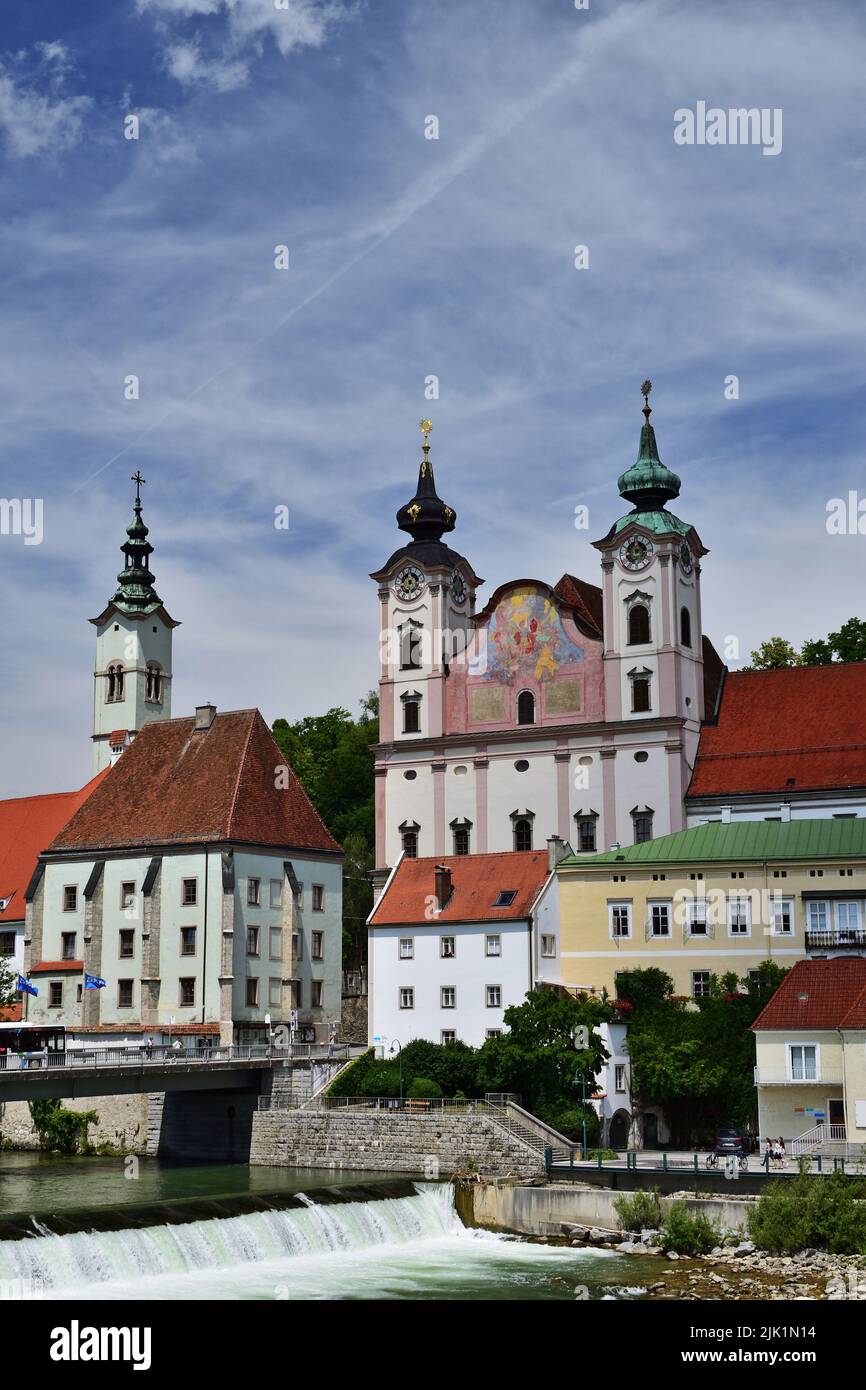 Downtown Steyr at the meeting of rivers Steyr and Enns, vertical Stock Photo