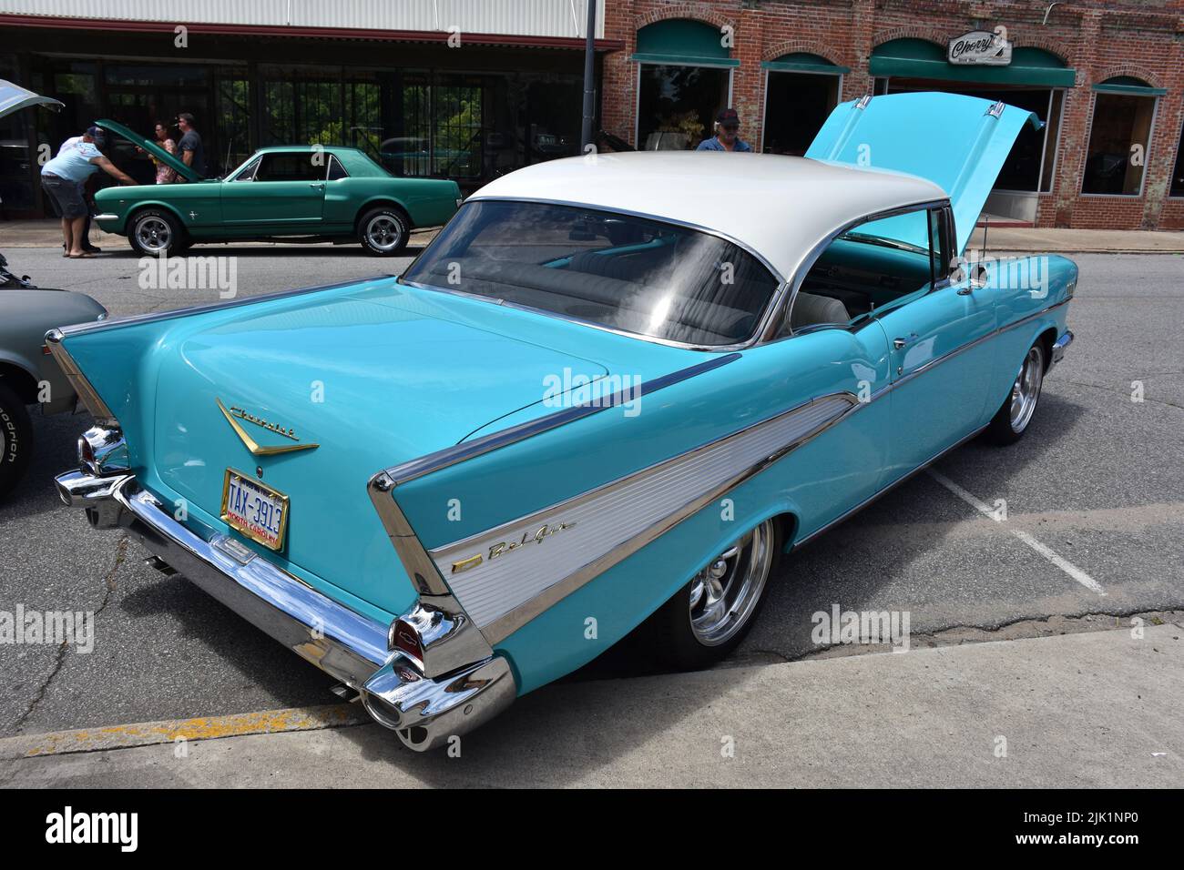 A 1957 Chevrolet Belair on display at a car show. Stock Photo