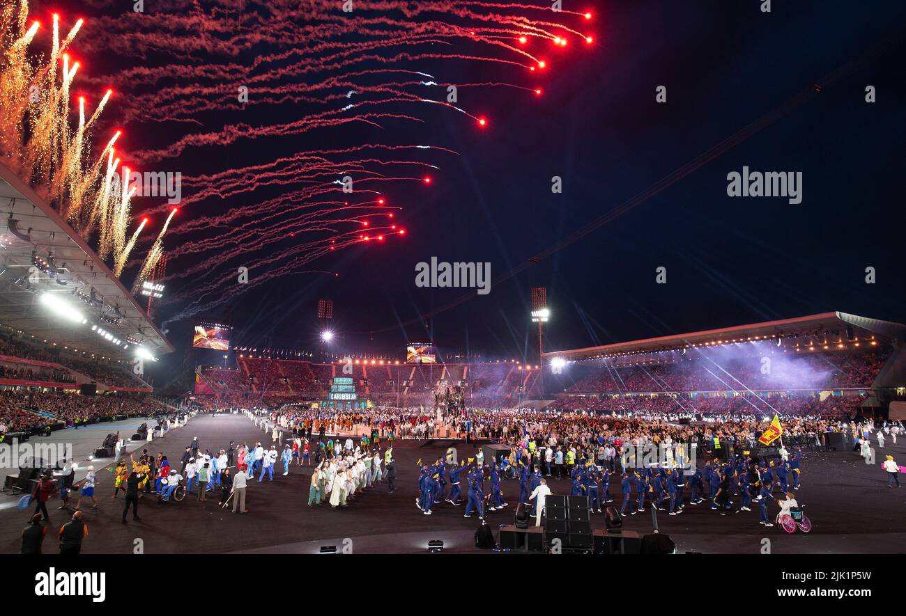 Birmingham,UK. 28th July 2022. Fireworks are set off during the Commonwealth Games opening ceremony  at Alexander Stadium, Birmingham. Credit: Paul Terry Photo/Alamy Live News Stock Photo