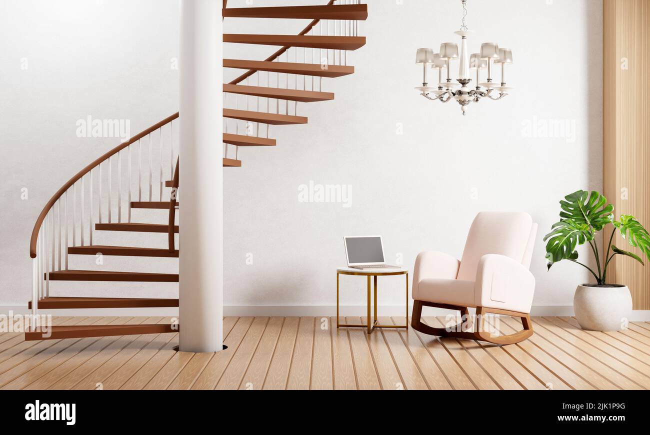 Modern living room with staircase plants chandelier lamp and laptop computer on wooden floor with white wall background. Stock Photo