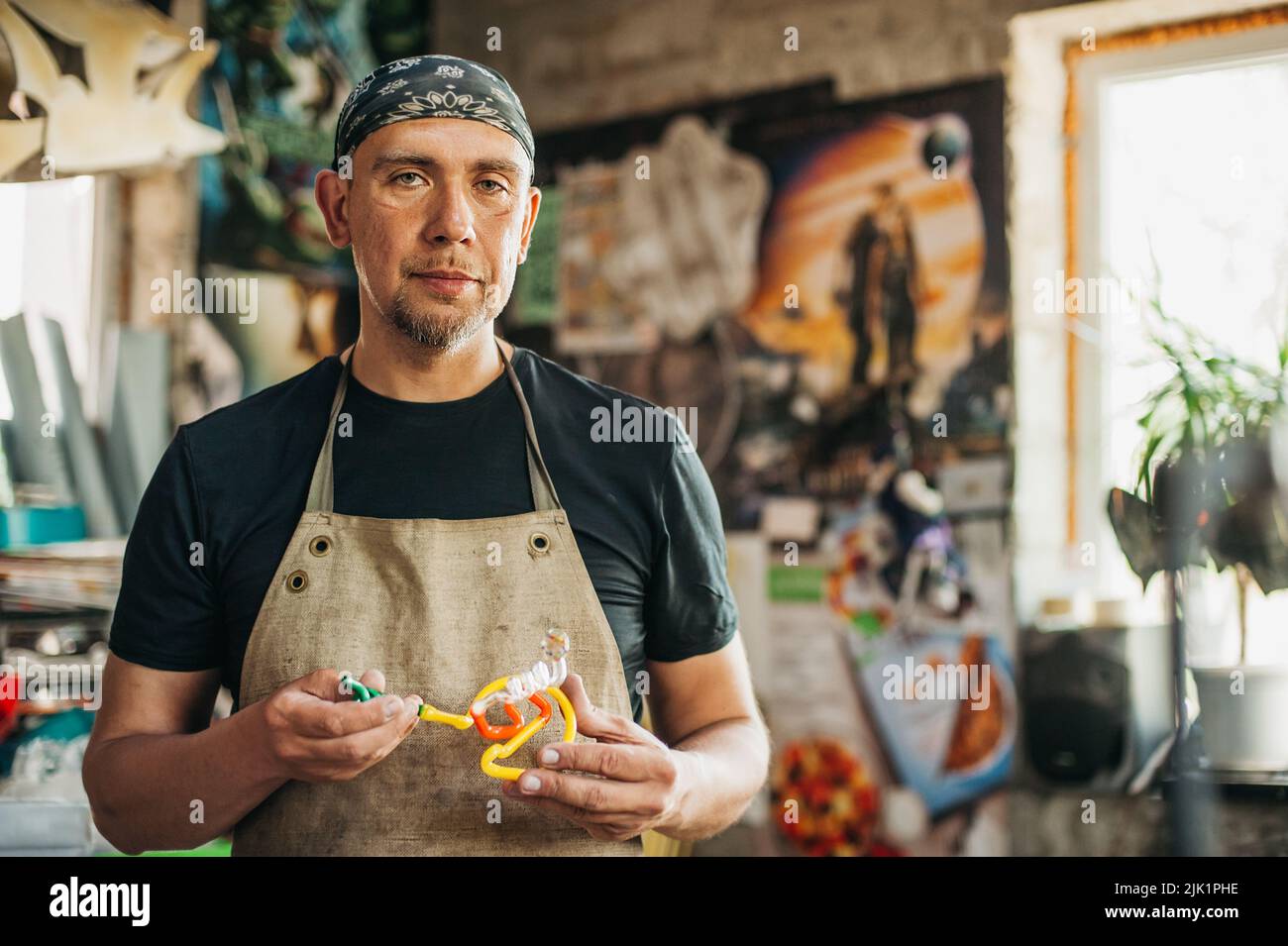 Glassblowing Burner with ready glass product. Production of