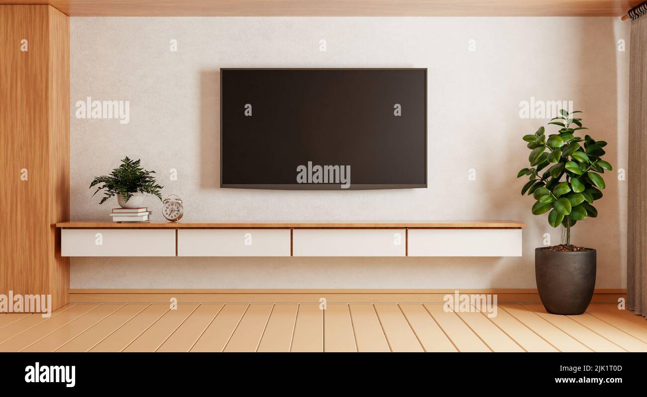TV above wooden cabinet in modern empty room with plants carpet on wooden background. Japanese style theme. Architecture and interior concept. 3D illu Stock Photo