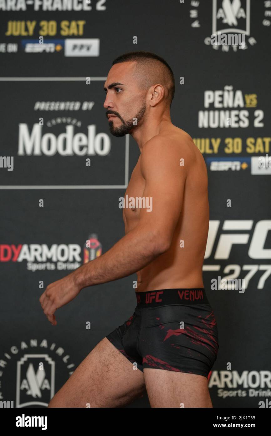 Dallas, Texas, USA 29th July, 2022. DALLAS, TX - JULY 29: Rafa Garcia steps on the scale for the official fight weigh-in at Hyatt Regency Dallas for UFC 277: PeÃ±a v Nunes 2 on July 29, 2022 in Dallas, Texas, United States. Credit: ZUMA Press, Inc./Alamy Live News Stock Photo