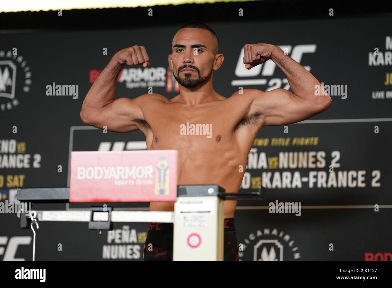 Dallas, Texas, USA 29th July, 2022. DALLAS, TX - JULY 29: Rafa Garcia steps on the scale for the official fight weigh-in at Hyatt Regency Dallas for UFC 277: PeÃ±a v Nunes 2 on July 29, 2022 in Dallas, Texas, United States. Credit: ZUMA Press, Inc./Alamy Live News Stock Photo