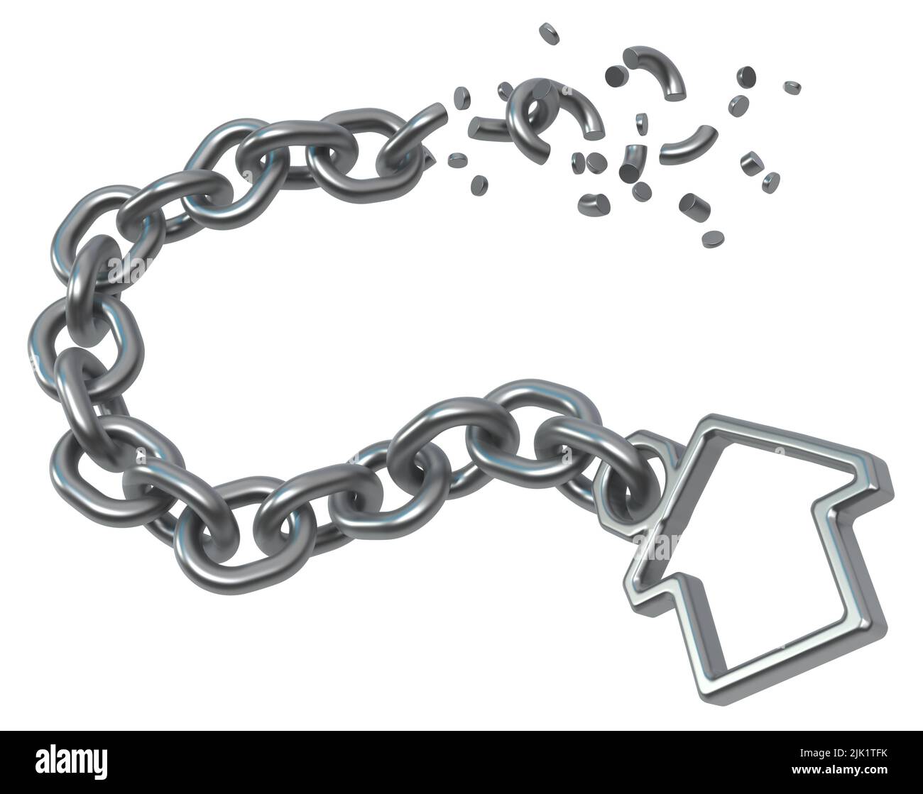 Breaking chain small house shape attached, dark grey metal 3d
