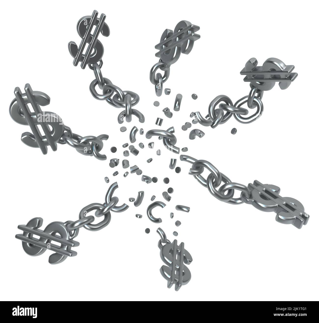 Breaking chains many dollar sign shape attached, dark grey metal 3d