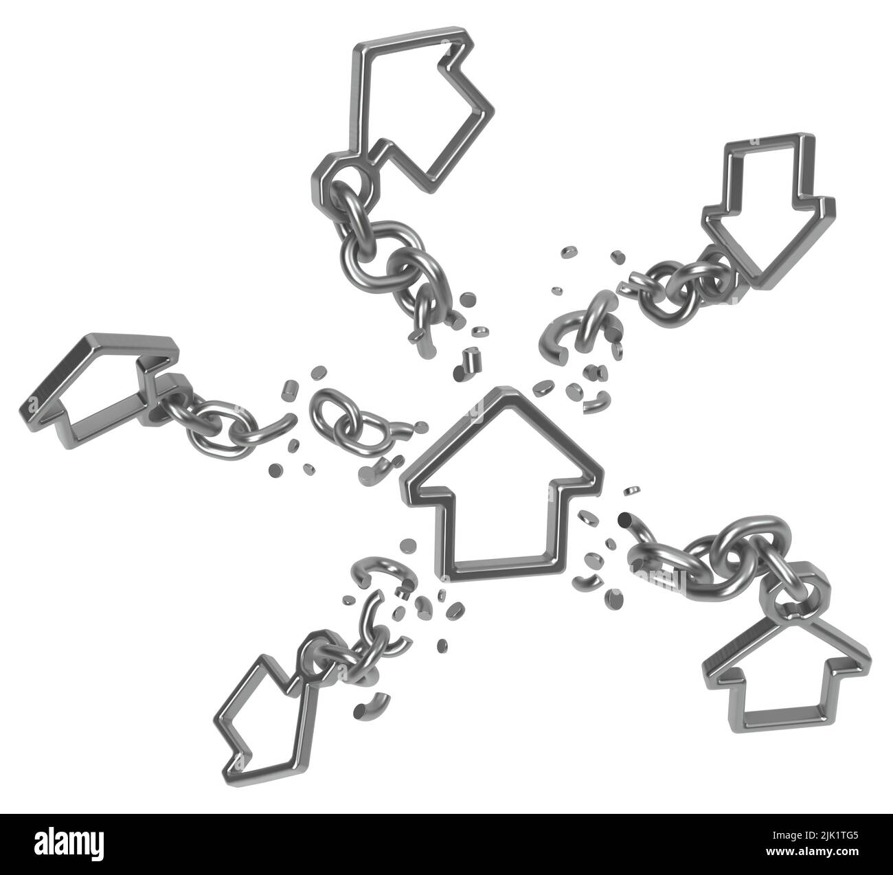 Breaking chains small house shape attached, dark grey metal 3d
