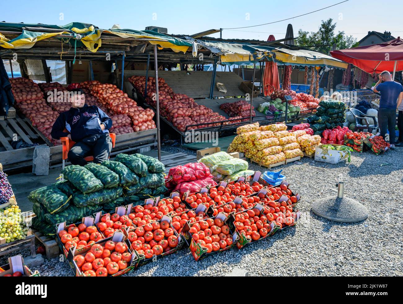 A Farmers Market in the little village of  Xërxë near Gjakova in the Republic of Kosovo, in the central Balkans. Stock Photo