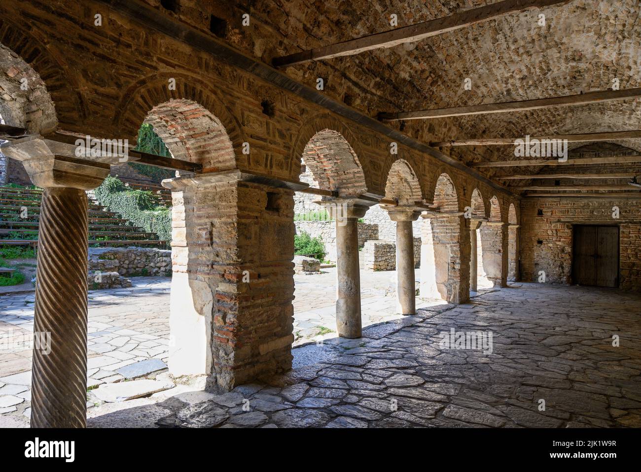 Interior of the covered entrance to The 11th cen. Byzantine Church of Saint Sophia, in the Old city of Ohrid on the shore of Lake Ohrid  in North Mace Stock Photo