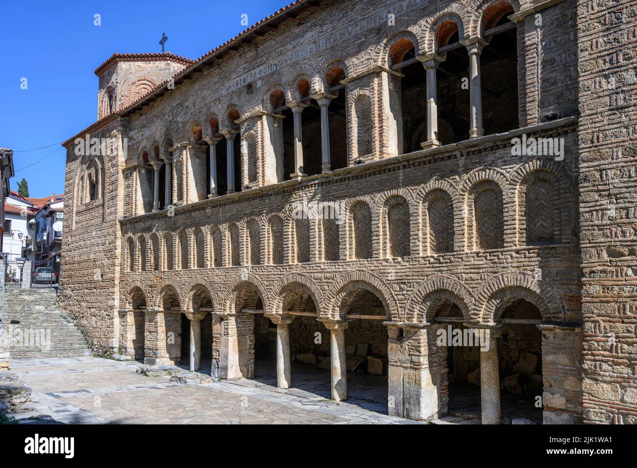 the facade of The 11th cen. Byzantine Church of Saint Sophia, in the Old city of Ohrid on the shore of Lake Ohrid  in North Macedonia,   Europe. Stock Photo