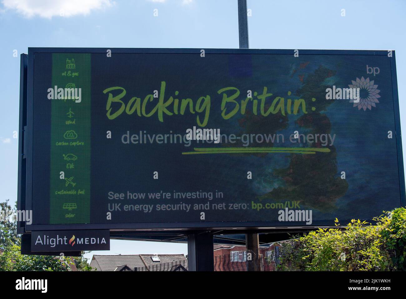 Slough, Berkshire, UK. 29th July, 2022. A BP Backing Britain advert in Slough. As the cost of living crisis continues, some drivers are struggling to pay the price of the much higher than normal petrol and diesel prices. Credit: Maureen McLean/Alamy Live News Stock Photo