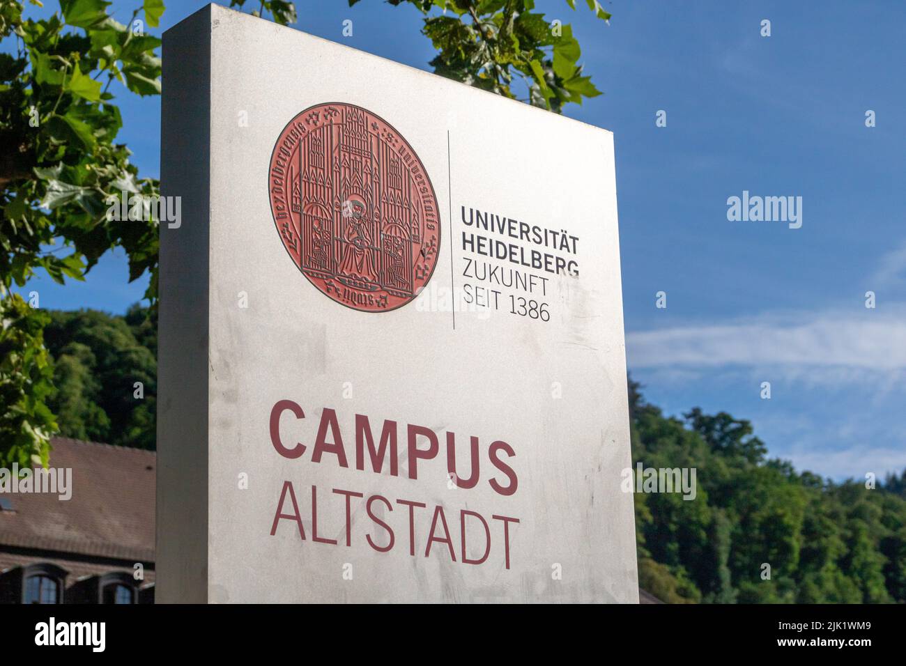 Heidelberg, Germany: June, 2. 2022: Information signboard on the various buildings of Heidelberg University in the historic Old Town Stock Photo