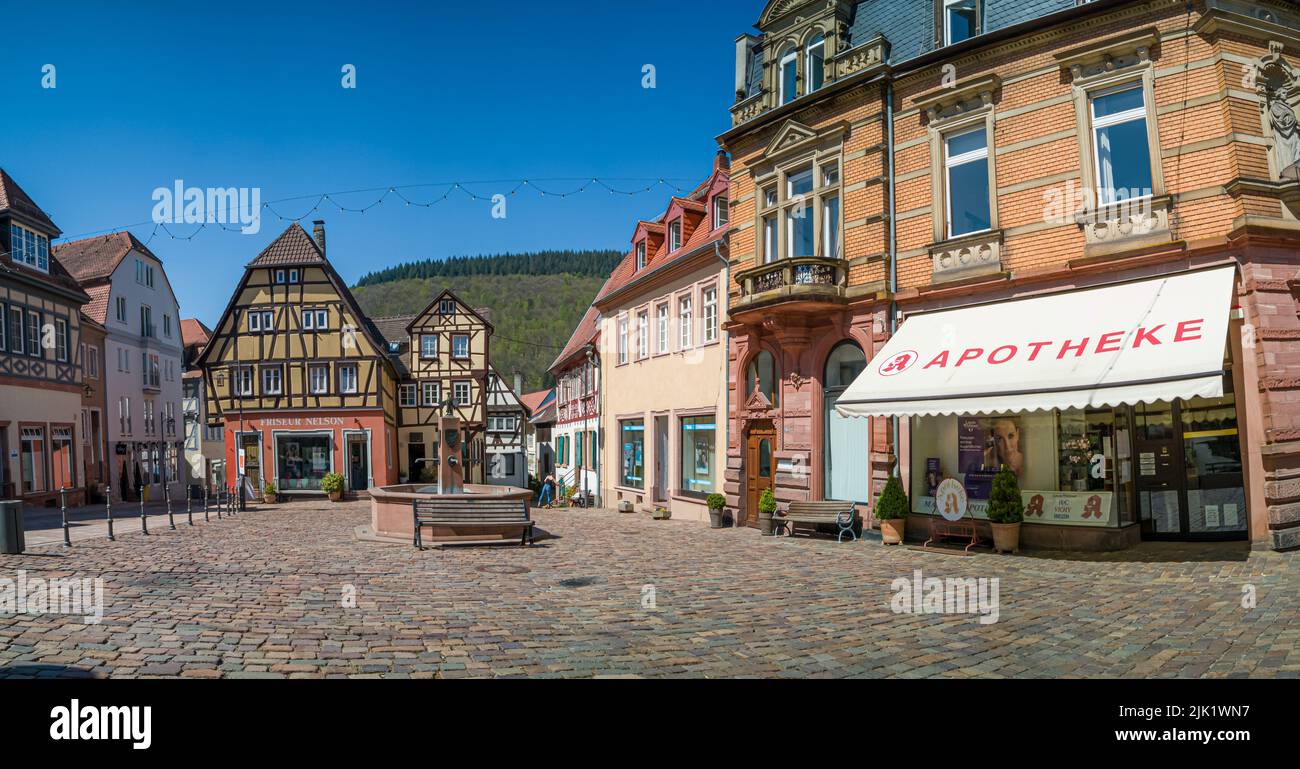 Neckargemuend, Germany: April 27, 2021: Historical market place of the small town Neckargemünd in Southern Germany near Heidelberg Stock Photo
