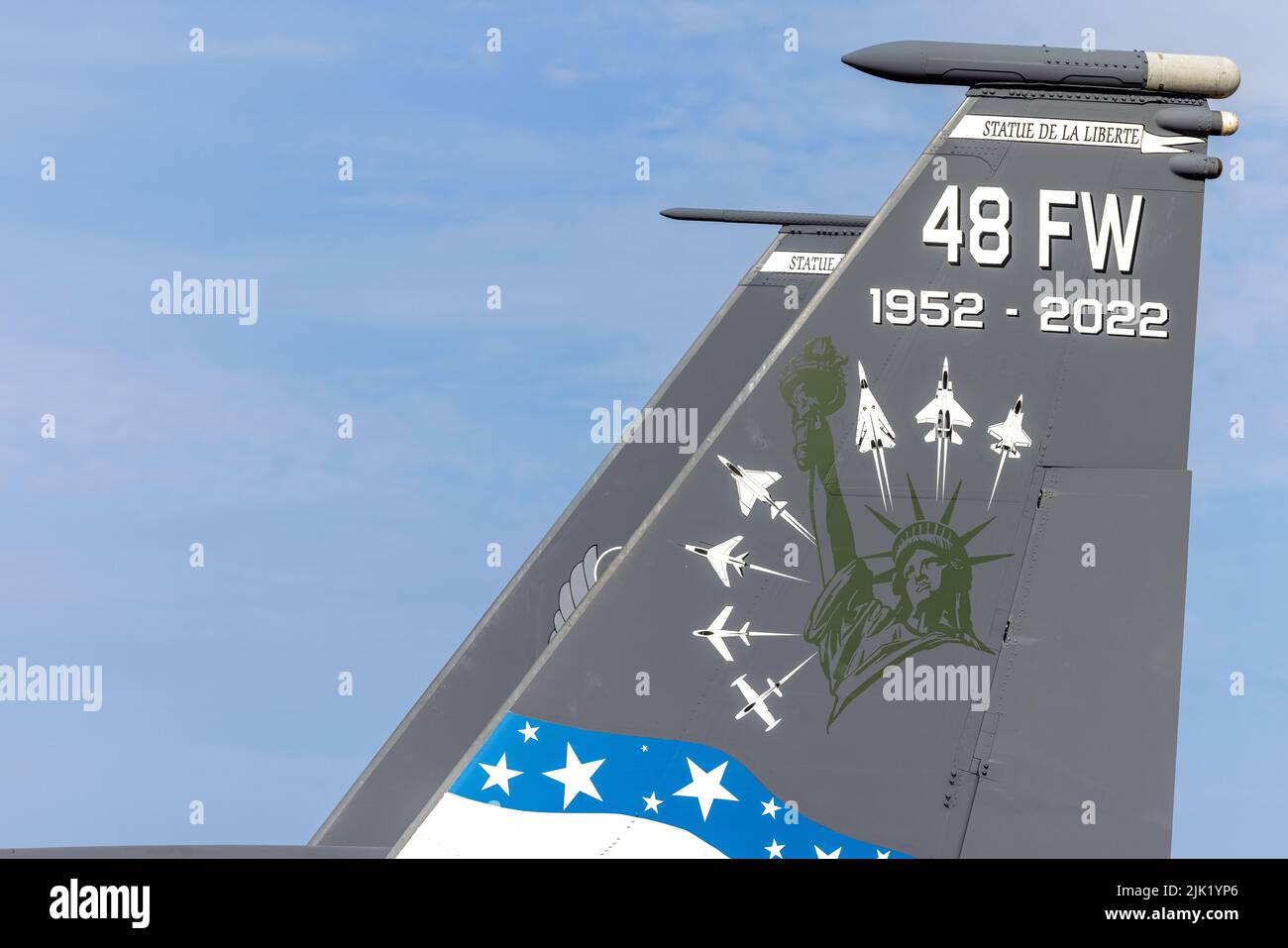 U.S. Air Force 48th Fighter Wing New Heritage F-15E Strike Eagle Tail Fin celebrating its 70th year of operations Stock Photo