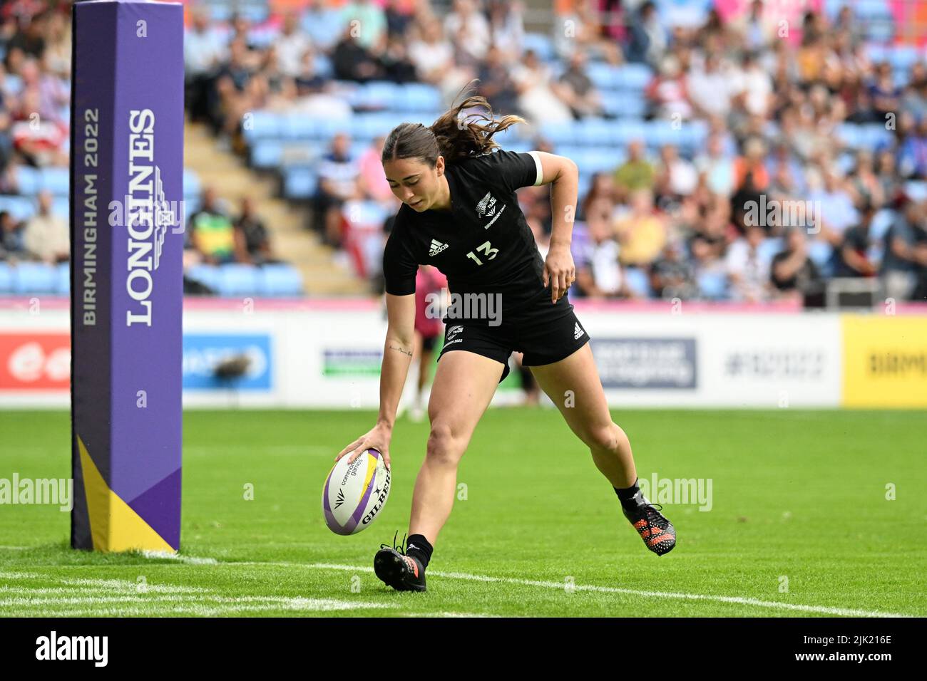 Jazmin Felix-Hotham of New Zealand scores a try against Sri Lanka during the Rugby Sevens at the Commonwealth Games at Coventry Stadium on Friday 29th July 2022