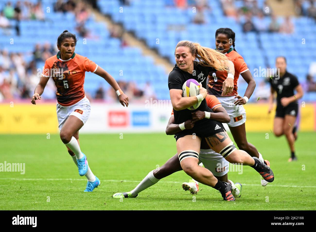 Niall Williams of New Zealand is tackled by Sri Lanka during the Rugby Sevens at the Commonwealth Games at Coventry Stadium on Friday 29th July 2022. Credit: MI News & Sport /Alamy Live News Stock Photo