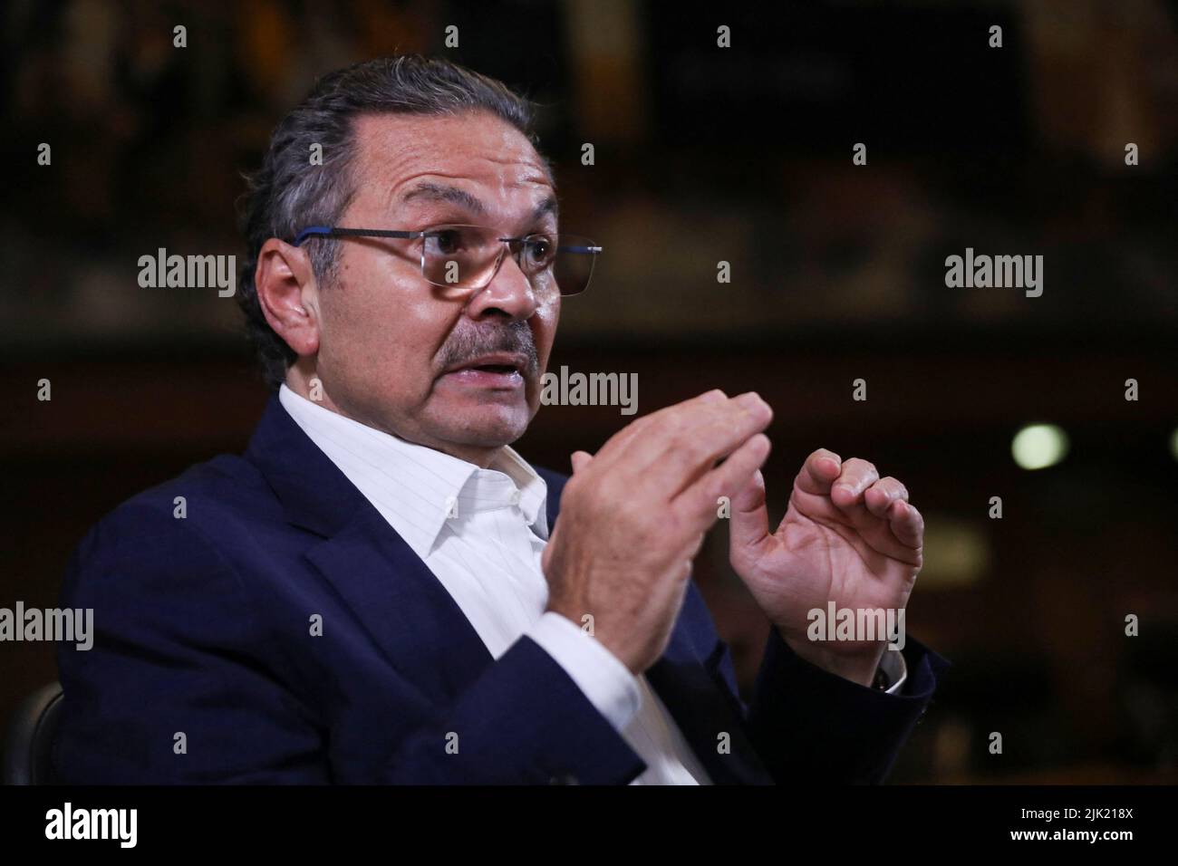 Octavio Romero, Pemex Chief Executive Officer, gestures during an interview with Reuters at the headquarters of state-owned oil company Pemex in Mexico City, Mexico, July 28, 2022. REUTERS/Edgard Garrido Stock Photo
