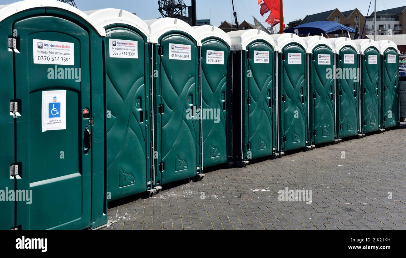 Portable toilets, loos, outside at festival Stock Photo