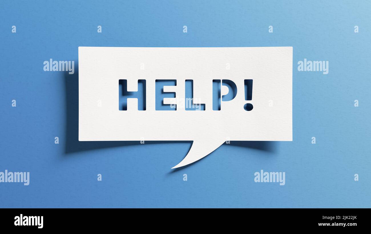 Help needed message asking for support, advice, assistance or helping hand to assist in a difficult situation or emergency. Customer service, FAQ, res Stock Photo