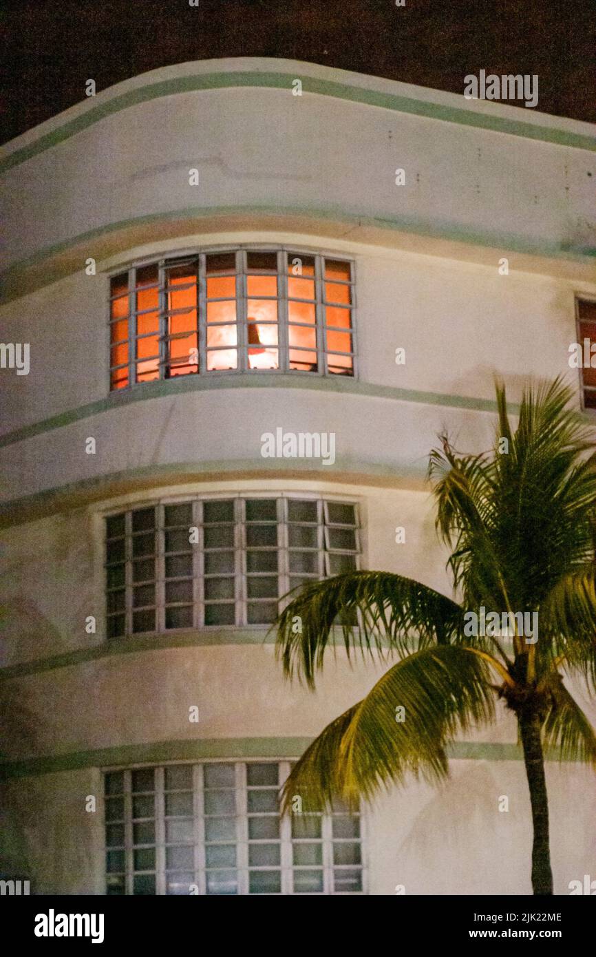 Miami Beach Florida,South Beach,Ocean Drive,night evening hotel exterior outside window lit light tourism Stock Photo