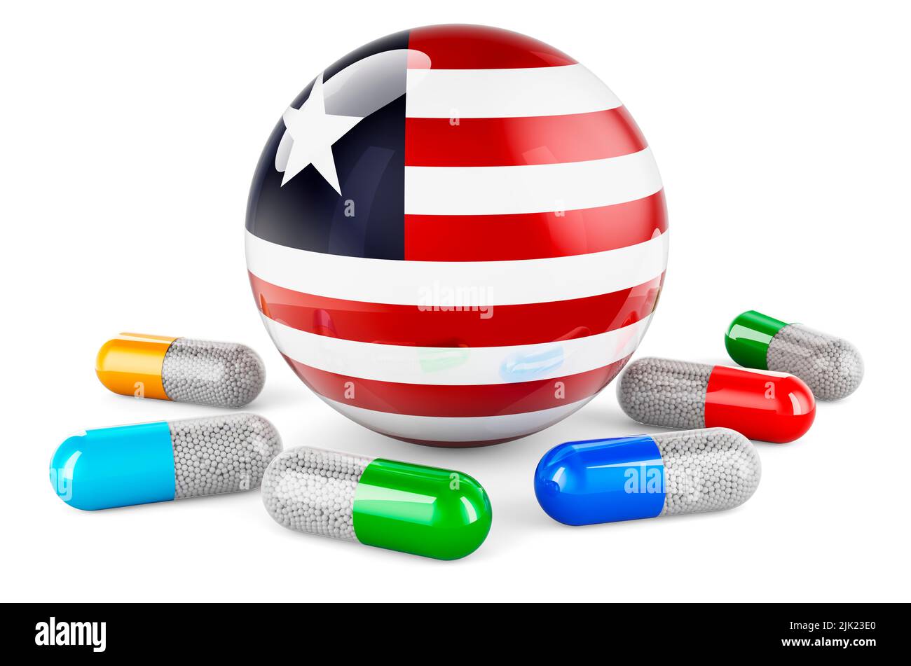 Pills capsule with Liberian flag. 3D rendering isolated on white ...