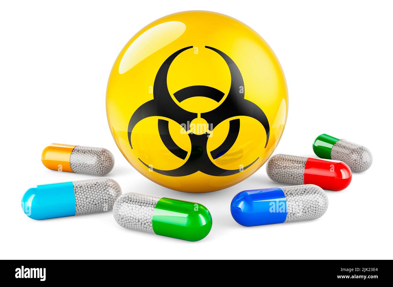 Pills capsules with biohazard symbol. 3D rendering isolated on white background Stock Photo