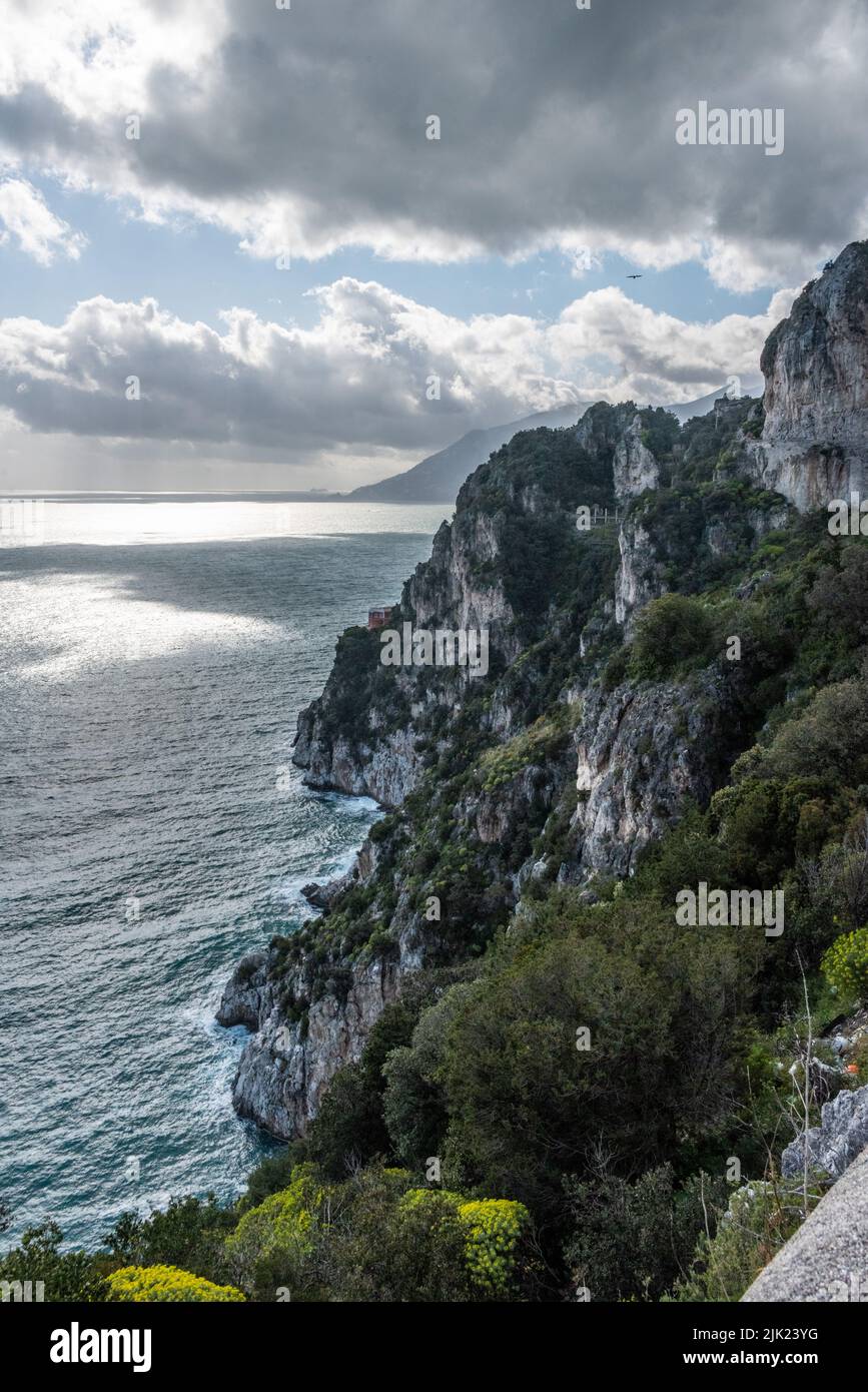 Scenic maritime landscape with cliffs at the famous Amalfi Coast ...