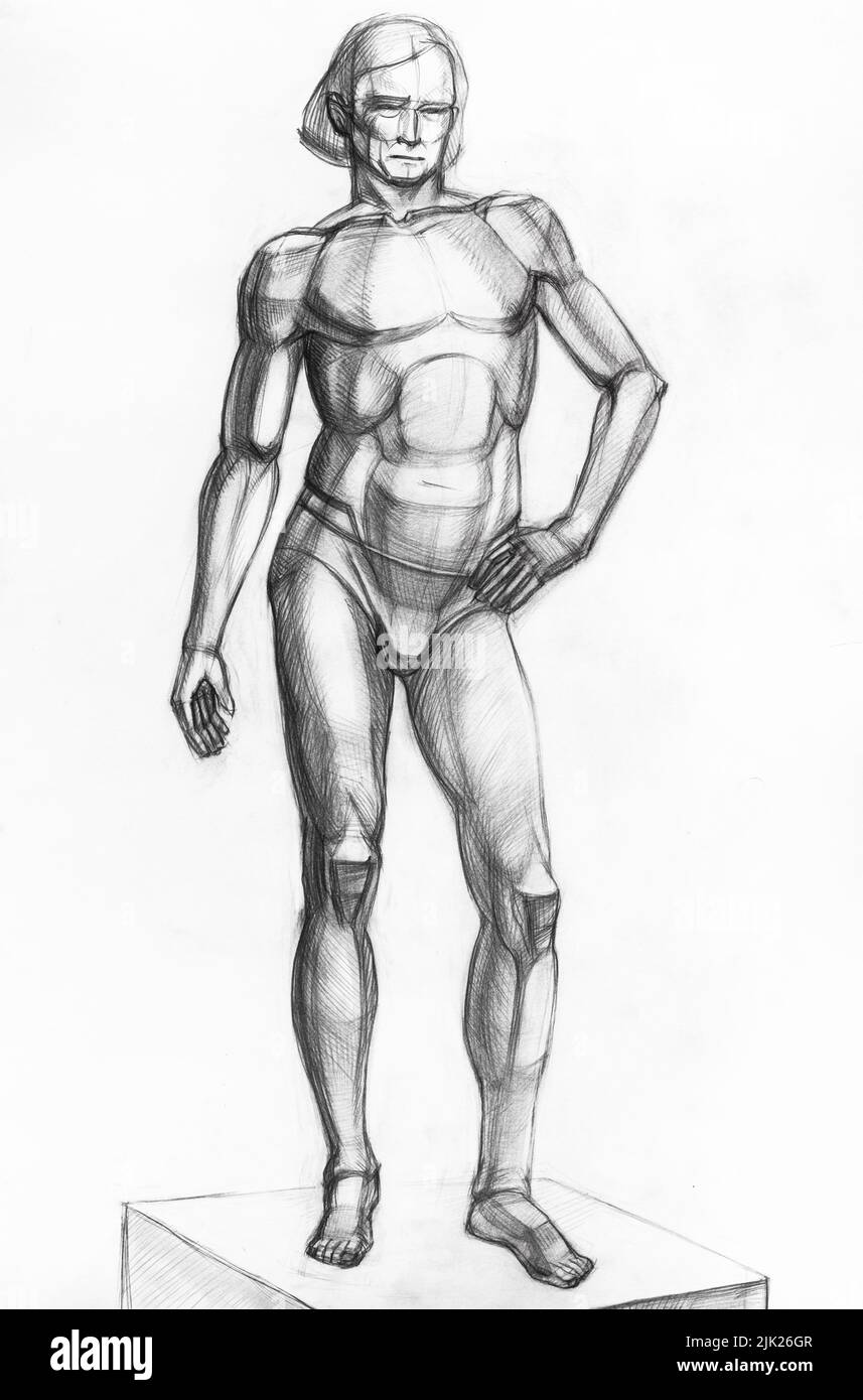 training drawing of man standing on podium hand-drawn by pencil on white paper Stock Photo