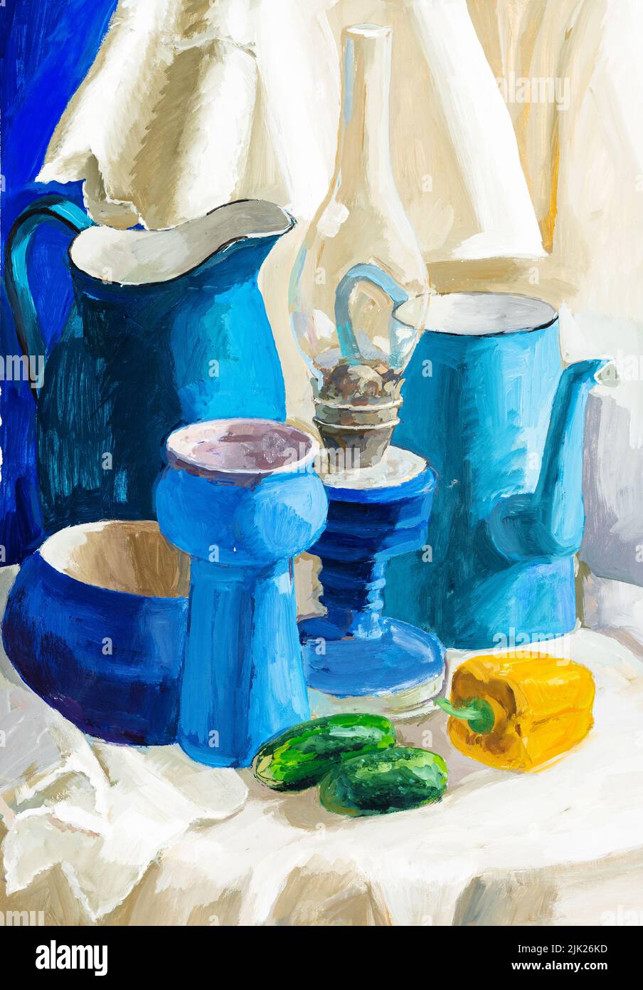 still life with blue jugs and kerosene lamp hand-painted by tempera paints on white paper Stock Photo