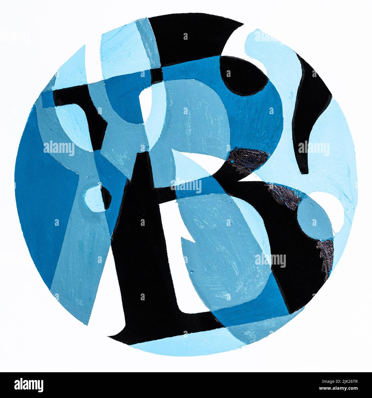 abstract round composition with letter B, tree leaf , scissors and question mark hand-painted with blue and black tempera paints on white paper Stock Photo