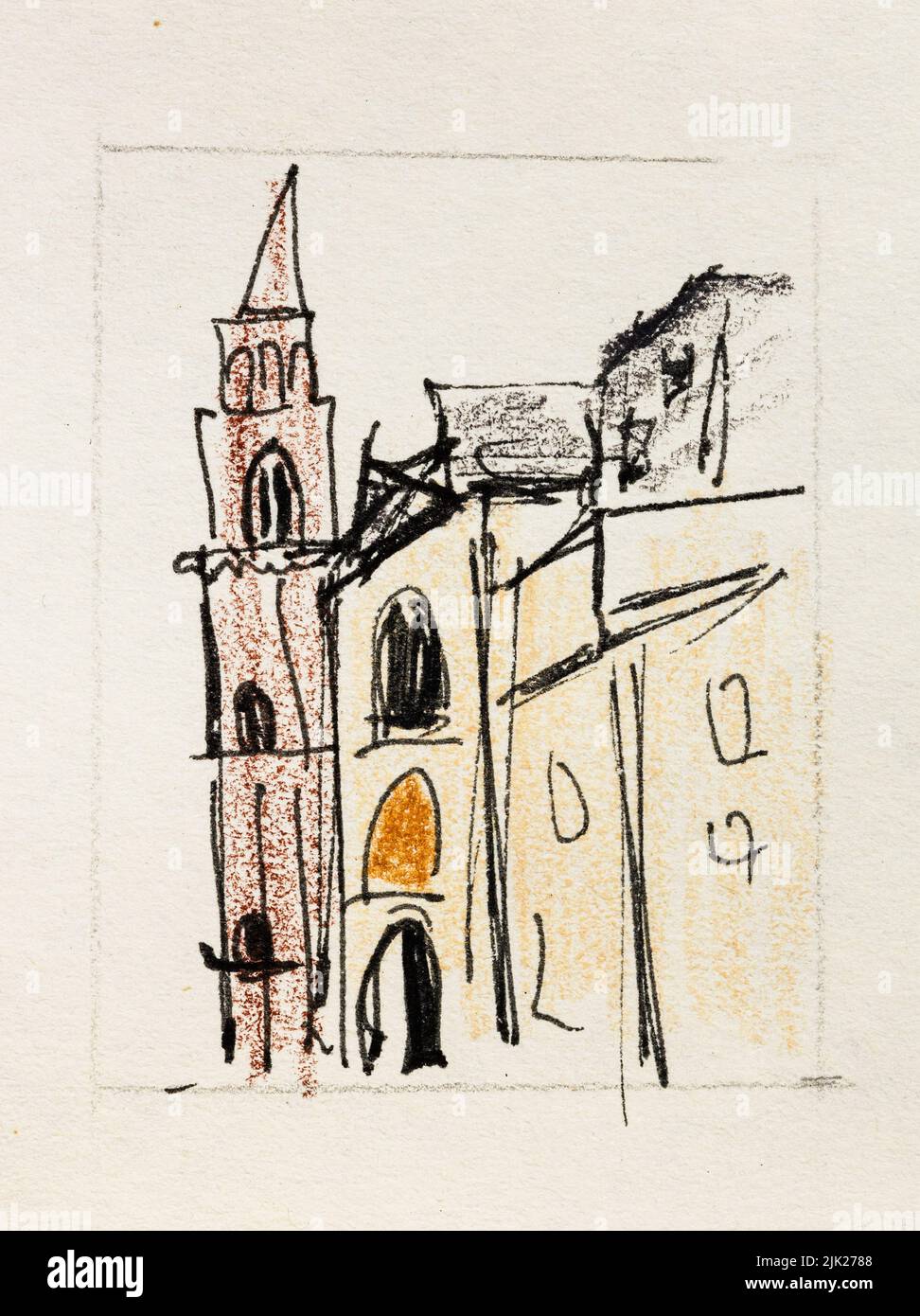 sketch of italian cityscape hand-drawn with color pencils and black pen on old yellow colored textured paper close up Stock Photo