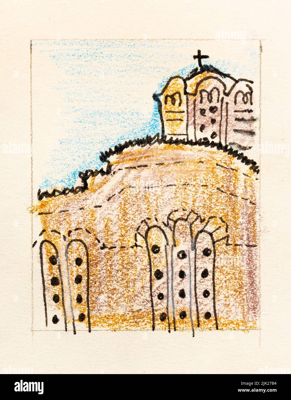 sketch of ancient church in Athens city Greece hand-drawn with color pencils and black pen on old yellow colored textured paper close up Stock Photo