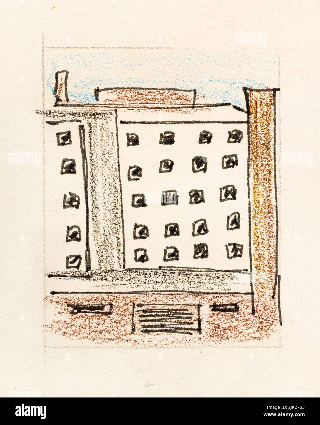 sketch of apartment house in Moscow city hand-drawn with color pencils and black pen on old yellow colored textured paper close up Stock Photo