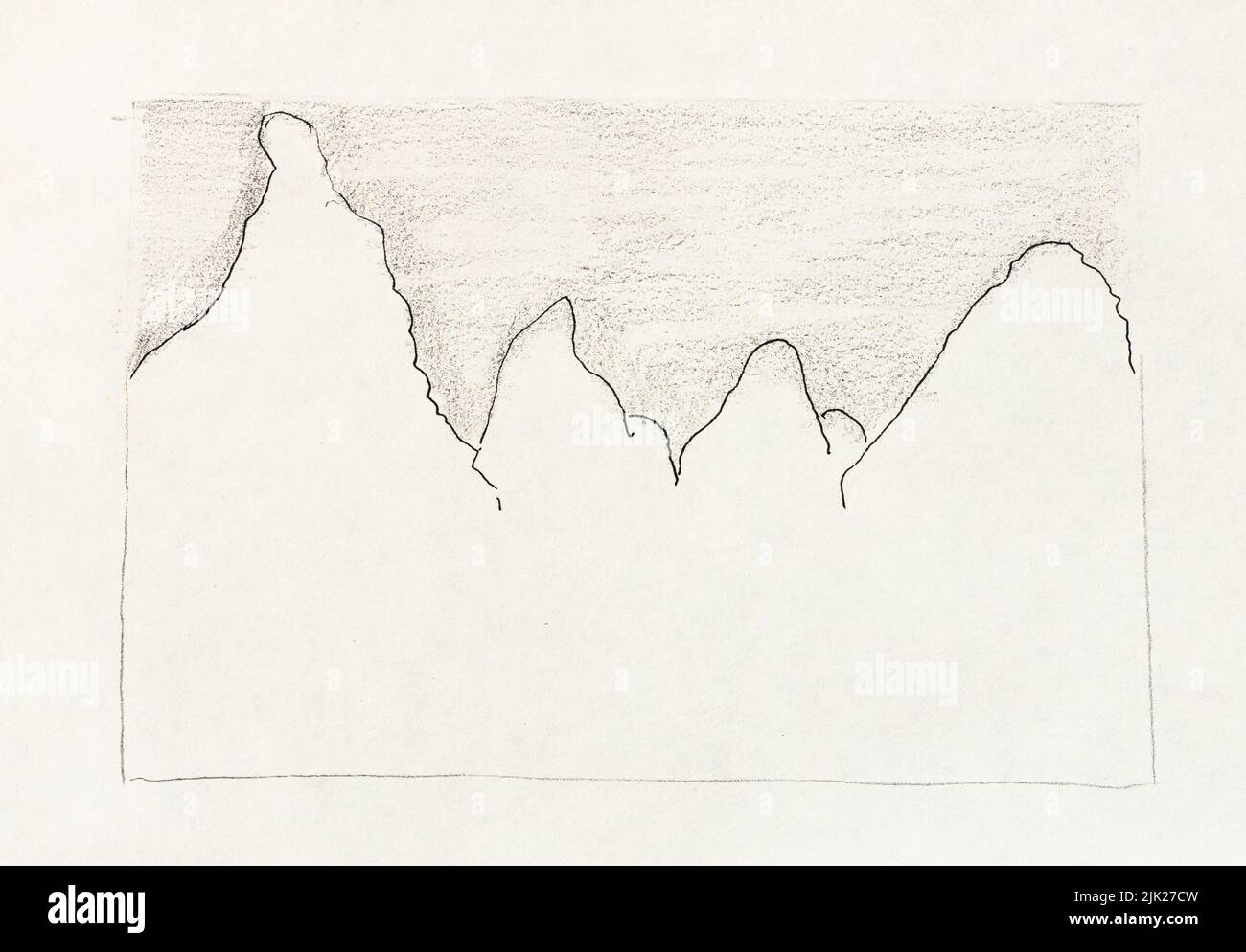 outline sketch of karst peaks in Yangshuo County China under black sky in hand-drawn with black pen and pencil on old white textured paper Stock Photo
