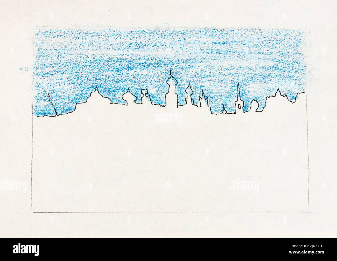 outline sketch of Suzdal city skyline Russia under blue sky in hand-drawn with black pen and color pencils on old white textured paper Stock Photo