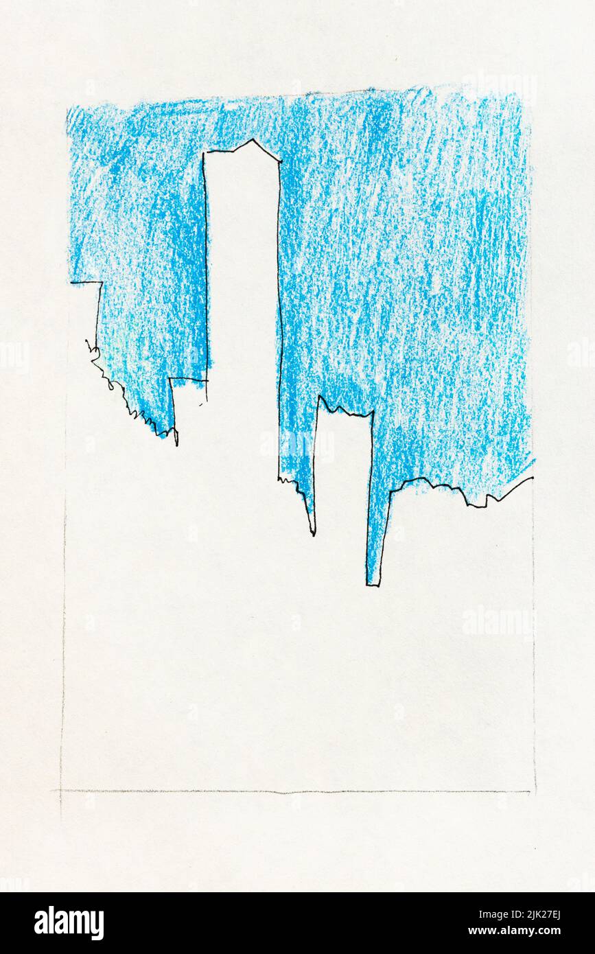 outline sketch of Guangzhou city skyline China under blue sky in hand-drawn with black pen and color pencils on old white textured paper Stock Photo