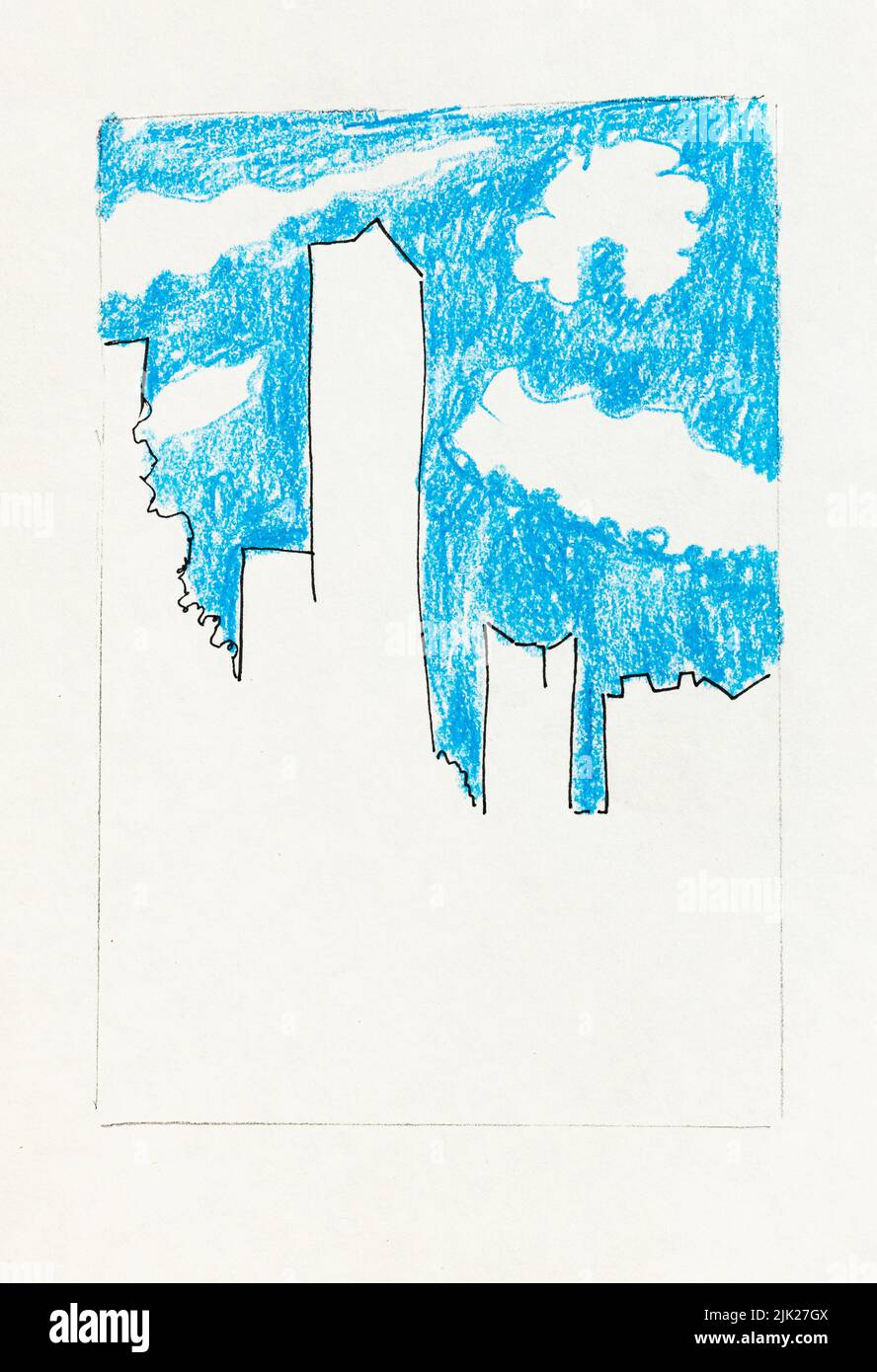 outline sketch of Guangzhou city skyline China under blue sky with white clouds in hand-drawn with black pen and color pencils on old white textured p Stock Photo
