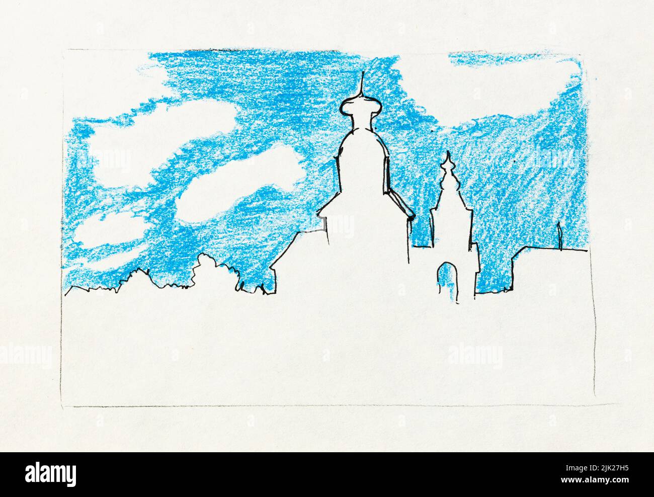 outline sketch of Suzdal town skyline Russia under blue sky with white clouds in hand-drawn with black pen and color pencil on old white textured pape Stock Photo