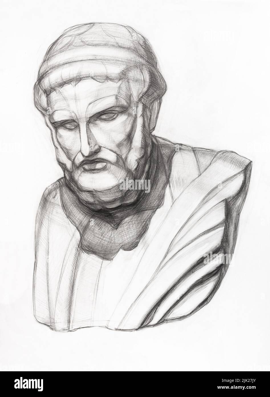 academic drawing of plaster bust of Sophocles hand-drawn by graphite pencil on white paper Stock Photo