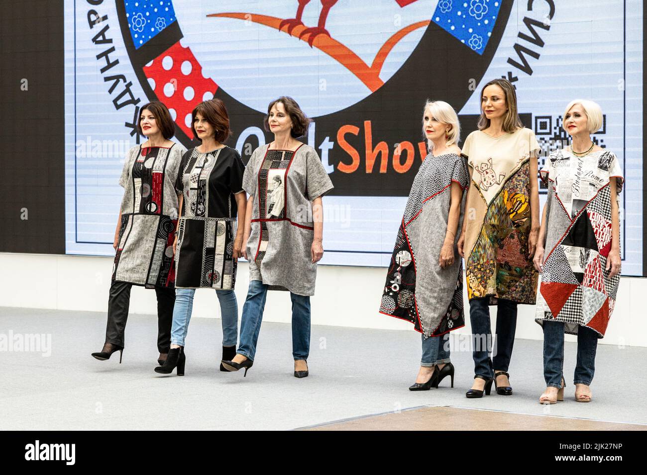 Moscow, Russia - July 22, 2022: fashion display of collections of patchwork clothing at international patchwork Festival of Soul of Russia in exhibiti Stock Photo