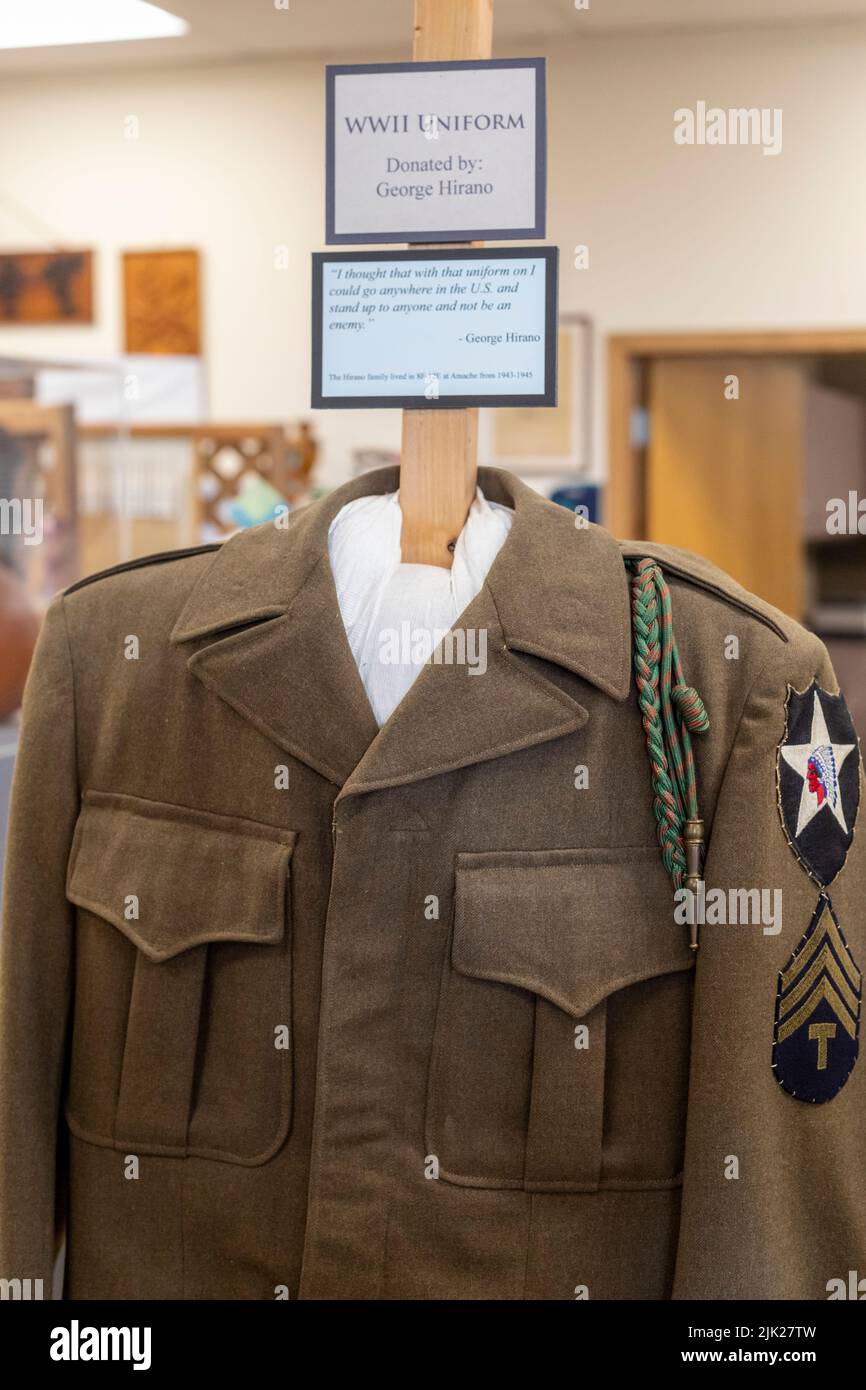 Granada, Colorado - The Amache Museum near the World War 2 Amache Japanese internment camp displays a World War 2 uniform worn by George Hirano. Many Stock Photo