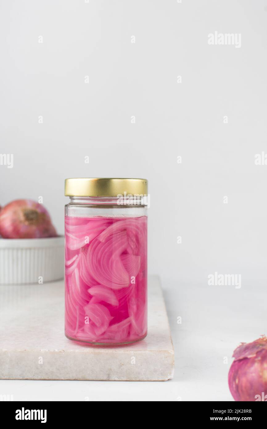 Pickled onions in a jar, red onions in vinegar, purple onions, Quick