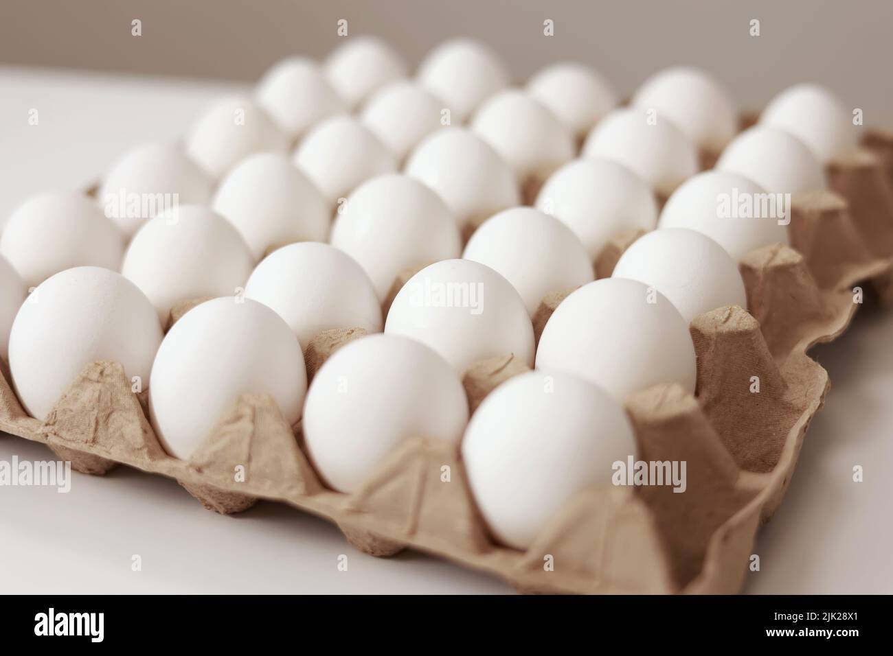 Close Up of raw chicken eggs in paper egg tray on white background